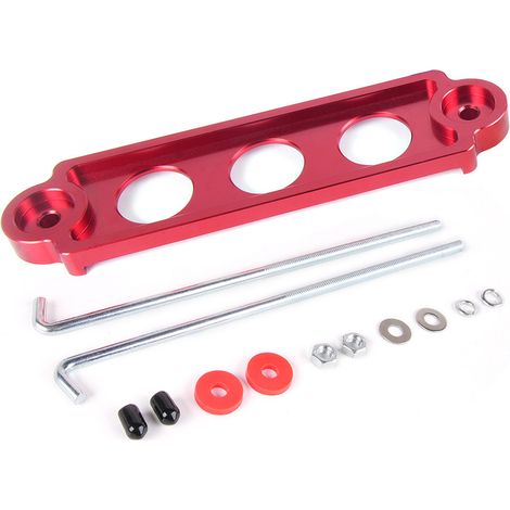 JDM Universal Car Battery Mount 3-Hole Battery Bracket - Red with Hook (1/4)