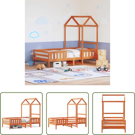 vidaXL Kinderbett - Massivholzbett mit Dach Wachsbraun 90x200 cm Kiefer (1/5)