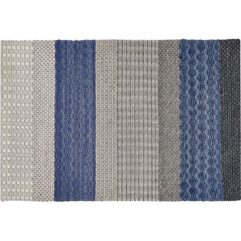 Alfombra de lana poliéster gris azul 140 x 200 cm pelo corto a rayas sala de estar dormitorio Akkaya