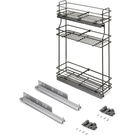Emuca TitaneMax ausziehbares Flaschenregal mit sanfter Schließung, linke Seite, 3 Tabletts, Modul 200mm, Stahl, Anthrazitgrau (1/5)