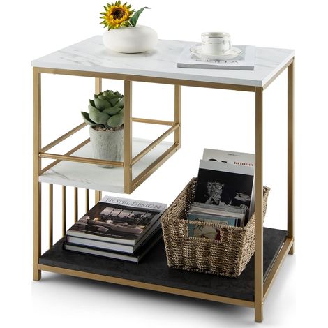 COSTWAY 3 Ebenen Beistelltisch mit Marmoroptik, Couchtisch Holz mit goldfarbenem Metallgestell, Dekotisch modern, für Wohnzimmer und Schlafzimmer, weiss und schwarz, 60 x 40 x 60,5cm