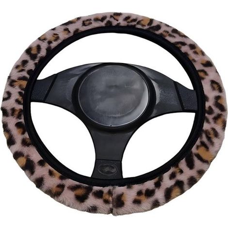 Coprivolante in peluche con stampa leopardata in stile invernale per volanti auto con diametro di 38 cm. Peluche senza anello interno, in microfibra, universale, bianco. (1/5)
