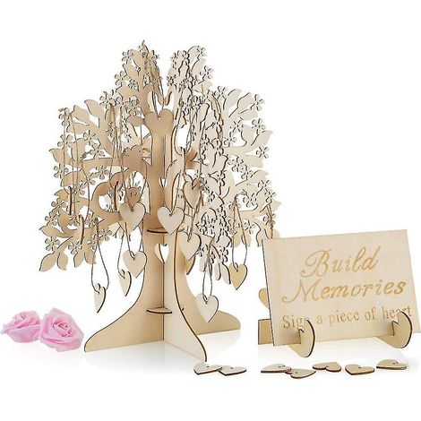 Arbre à souhaits en bois 3D servant de livre d'or pour un mariage, décorations en bois avec 100 cœurs décoratifs, à faire soi-même (1/5)