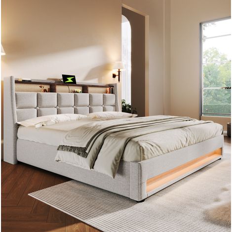 Lit rembourré vintage moderne 160x200 cm beige, avec tête de lit USB, LED, coffre relevable et sommier à lattes (1/5)