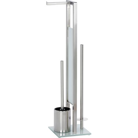 WENKO Stand WC-Garnitur Rivalta Edelstahl Matt inklusive Ersatzbürste, rostfrei, Silber matt, Edelstahl rostfrei matt, Gehärtetes Glas weiß, Silikon schwarz