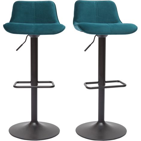 Barhocker höhenverstellbar und um 360° drehbar aus petrolblauem Stoff mit Samteffekt und schwarzem Metall (2er-Set) BOOST