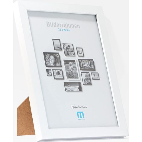 Cadre photo moderne et intemporel en bois MDF blanc pour petites photos et images de 15 x 20 cm avec protection en verre acrylique inclus. Il peut être utilisé comme support de table ou à poser au mur (1/4)