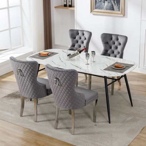 4 Chaises de Salle à Manger (Sièges de Cuisine et Salon avec Heurtoir Original au Dossier), Assise Capitonnée à Tête de Clou, Pieds en Métal, Tissu Velours Gris (1/4)