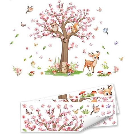 Vinilo decorativo de pared con flores de cerezo rosas，Vinilo decorativo grande de pared con animales del bosque，Habitación infantil (1/5)