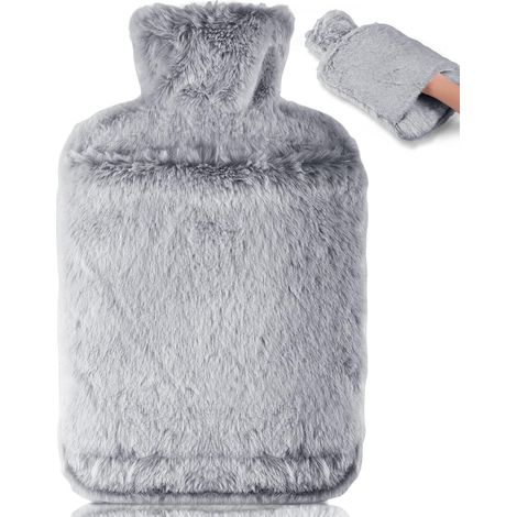 Wärmflasche mit weichem Bezug - Große, wasserdichte 2-Liter-Wärmflasche mit Kängurutasche, aus Naturkautschuk + weichem Bezug fürs Bett, Geschenk für Männer und Frauen (grau)
