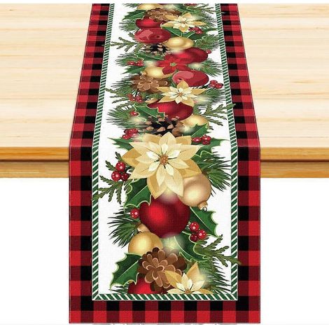 Chemin de table de Noël, décorations de table avec boules de Noël et poinsettias, 13 x 72 cm - Fleurs de Noël (1/5)