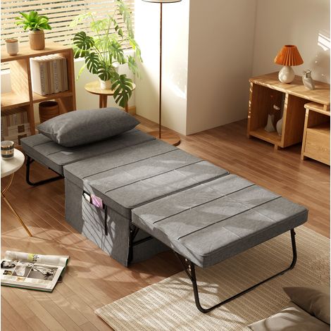 Lit pliant 4-en-1 convertible en fauteuil, ottomane, canapé et lit d’appoint, dossier 5 positions, matelas 8 cm, structure acier, gris  CHICFURN (1/5)