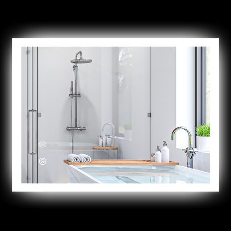 LED-beleuchteter Wandspiegel fürs Badezimmer, 70 x 50 cm, 3 Farben, Helligkeit einstellbar, Touch-Schalter, transparent