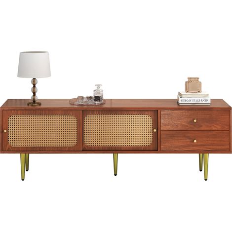 Meuble TV avec 2 Portes Coulissantes en Rotin, 2 Tiroirs et 4 Niches, Passe-câbles, pour Salon, 160 x 40 x 60 cm (1/5)