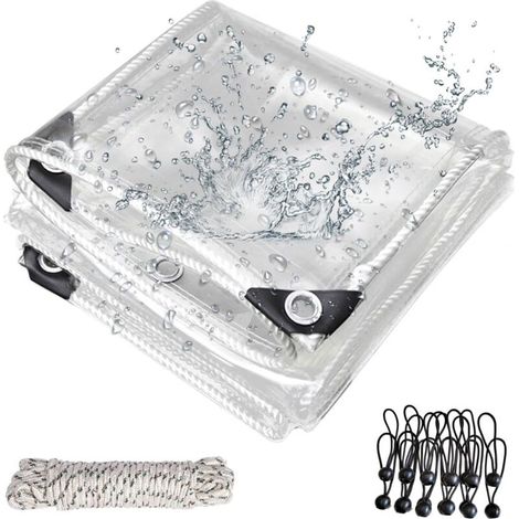 Bâche Transparente avec œillets pour l'extérieur, bâche en PVC Transparent 420g/m², 20 Serre-câbles, 12 élastiques Boules, Corde de Fixation 10 m, Convient Pavillons(1Mx2M) A 1Mx2M (1/5)