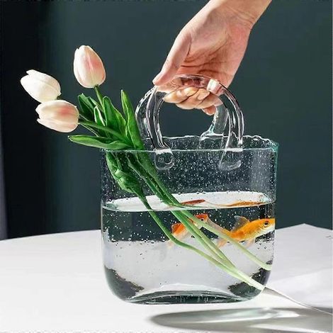 Vase en verre élégant design sac à main, aquarium floral bulle unique avec poignée, déco maison raffinée. (1/5)