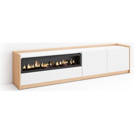 Skraut Home - Mobile TV Soggiorno, 207x37x50cm, Per TV fino a 80", Camino elettrico, Bianco e Rovere soft (1/5)