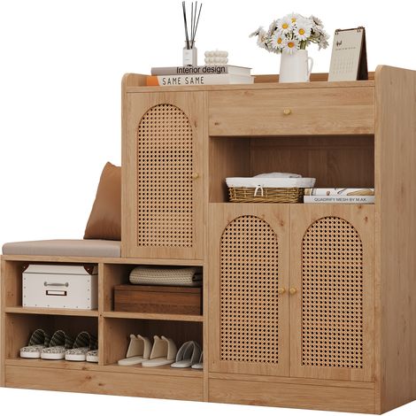 Scarpiera con panca imbottita, 3 ante in rattan e 1 cassetto, mobiletto multifunzionale per l'ingresso, effetto legno, L142 x P35 x A110 cm (1/5)
