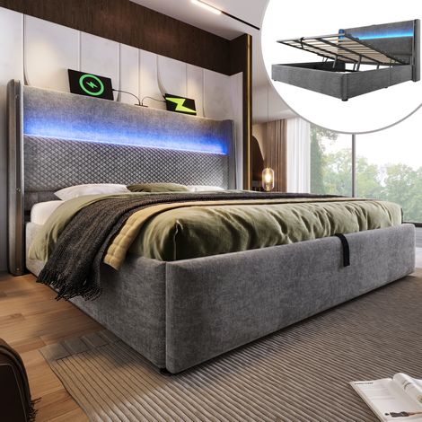 Letto con contenitore idraulico in lino grigio 160x200 cm con LED, USB/Type-C e rete a doghe inclusa (1/5)