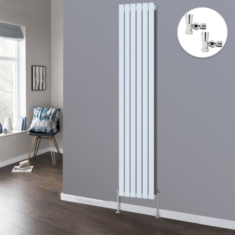 Flat Panel Designer Radiator Bathroom Central Heating Radiators White with Angled Manual Pair of Valves 1800 x 408mm Vertical Single