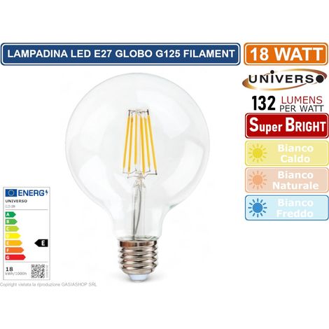 UNIVERSO G125-18W LAMPADINA LED ATTACCO E27 18W GLOBO G125 A FILAMENTO VETRO TRASPARENTE 2380 LUMEN 2700K - 4000K - 6500K - Colore Luce:Bianco Freddo (1/2)