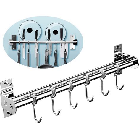 Support mural cuisine acier inoxydable 40cm, porte-casseroles double tube 15mm avec 6 crochets, porte-couteaux et porte-couvercles, étagère murale de rangement pour ustensiles (1/5)