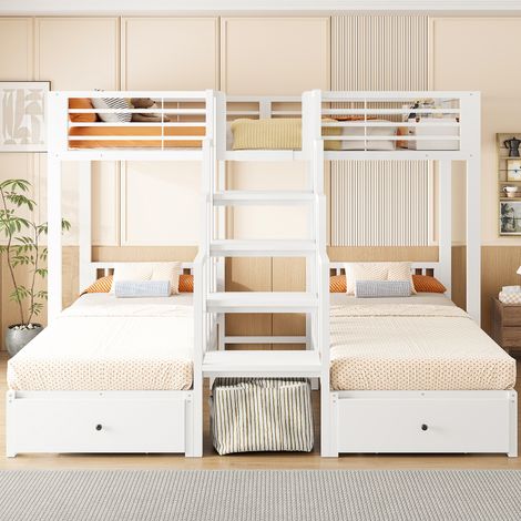 Lit superposé triple 90x200 cm, 3 couchages, escalier central, garde-corps, 2 tiroirs de rangement, structure en métal blanc, gain de place (1/5)