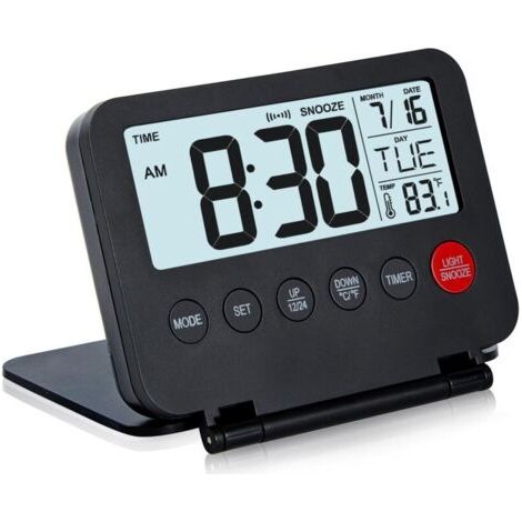 Petit réveil de voyage numérique, grand écran LCD, bouton frontal avec affichage de la date et de la température, fonction snooze et rétroéclairage de 8 secondes, fonctionne avec des piles AAA (1/5)