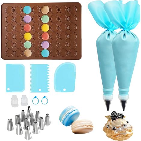 Tapis de Cuisson pour Macarons,39 29cm Tapis pour Macarons Silicone 48 Puits Tapis de Cuisson Silicone,kit patisserie avec 2 Poche À Douille Patisserie,12 Douilles,2 Grattoirs À Gâteaux (1/5)