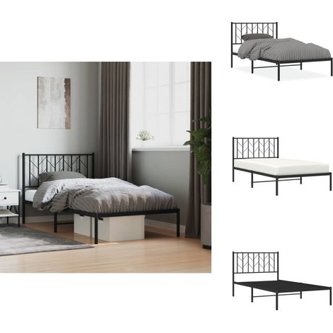 Cadre de lit métal sans matelas avec tête de lit noir 100x190cm - Cadre De Lit - Lit Double - Lit Metal - Lit Moderne - Literie (1/5)