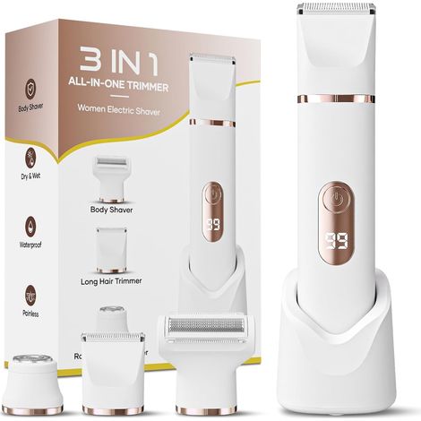 Tondeuse de bikini pour femme, rasoir électrique indolore IPX7 étanche sans fil pour épilation du corps et du pubis avec station de charge USB pour aisselles, jambes, bras, corps, visage, peau (1/5)