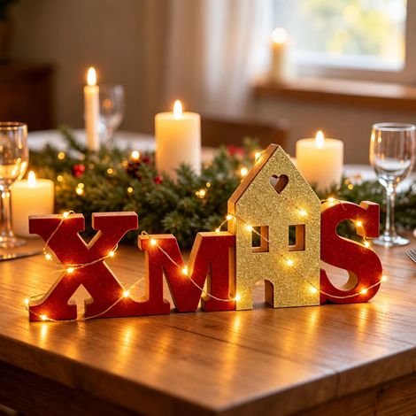 Scritta luminosa decorativa Xmas 20 Microled Bianco Caldo in legno di colore rosso e dorato a batteria Wisdom (1/3)