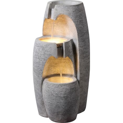 Teamson Home Fontana da giardino elegante a 3 livelli con luci LED effetto pietra in poliresina grigia compatta con flusso regolabile per esterni
