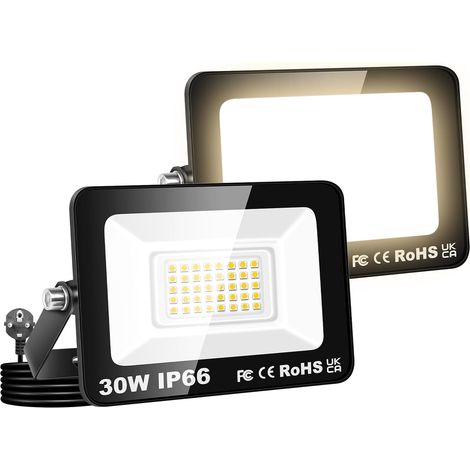 2PCS Projecteurs LED Extérieur Avec Prise, Spot LED 30W 3000LM, 3500K Blanc Chaud, IP66 Etanche Eclairage Lumière de Sécurité pour Jardin Patio Garage Terrasse Maison (1/5)