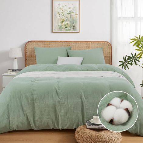 Housse de Couette 200x220 Gaze de Coton Ultra Doux et Respirant Parure de lit Vert Sauge - Housse de Couette 200x220 + 2 Taies d'oreiller 80x80 (1/5)