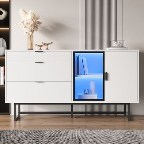 Aparador de MDF y aglomerado blanco 160 x 36 x 78 cm con 3 cajones, puertas de cristal y luz LED (1/5)