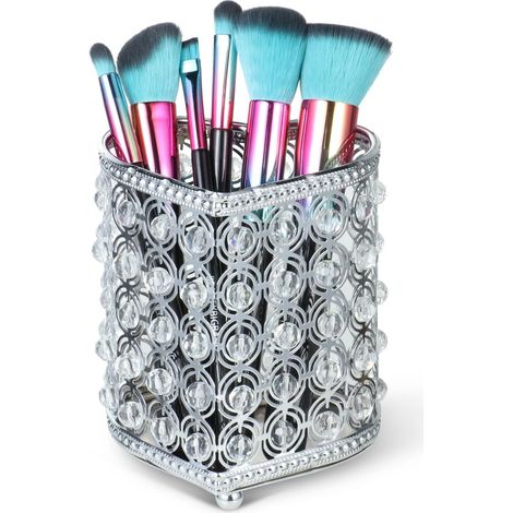 Porte-pinceaux de maquillage en cristal artisanal, boîte de rangement brillante argentée pour pinceaux cosmétiques, crayons et stylos, organisateur de bureau de maquillage pour femmes (1/5)