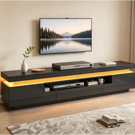 Meuble TV pour téléviseur 75 pouces avec LED, 2 placards, 1 tiroir, panneau de particules noir, 175x38x45 cm (1/5)