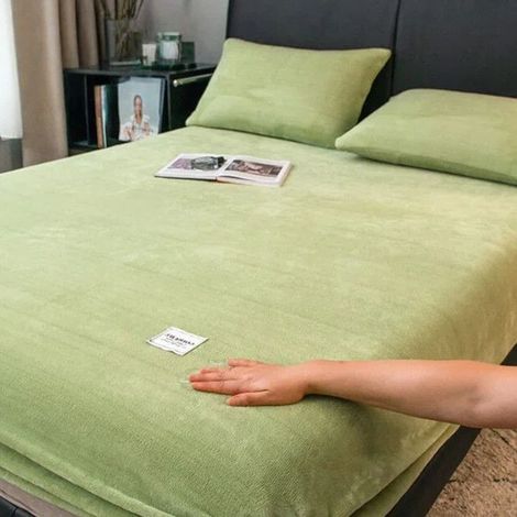 Drap-Housse 200x220cm +26cm,Vert Drap-housse élastique chaud et épais en flanelle de unie, housse de matelas d'hiver réglable (1/5)