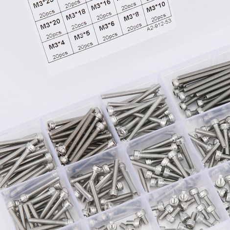 Vis à tête cylindrique creuse M3/M4/M5/M6/M8 en acier inoxydable 304, assortiment de 280 pièces, longueurs variées (1/4)