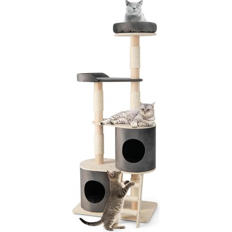 COSTWAY Albero Tiragraffi per Gatti, Tiragraffi per Gatti Multilivello con 2 Cucce Accoglienti, Trespolo in Tessuto Felpato, Piattaforma, Pali Tiragraffi e Scala con Rivestimento in Sisal (1/5)