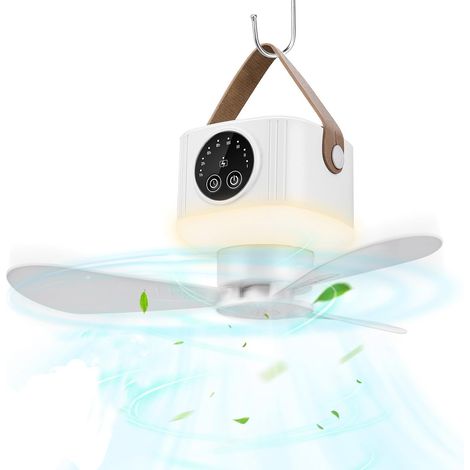 Ventilateur de tente avec lumière intégrée, accessoire de camping extérieur, batterie rechargeable haute capacité, plusieurs vitesses de ventilation, minuterie, blanc (1/2)