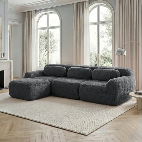 REDOM - Sofá de esquina modular en tejido de felpa, asiento profundo, sin montaje, con cojines, gris (1/5)