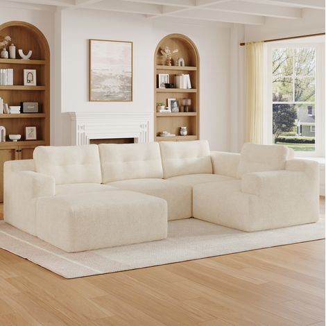 Divano modulare 252/180/82 cm beige in chenille, configurazione a U o L con pouf e struttura in schiuma (1/5)