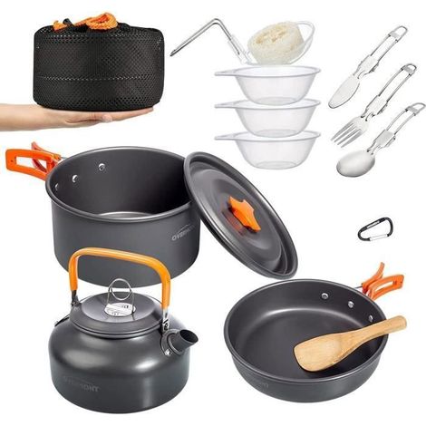 Kit de Casseroles Camping 14pcs Poêlé Set en Aluminium Durable, Ensemble Gril Pot Pratique de Pique-Nique avec Cafetière Théière (1/4)