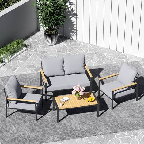 BIRCHTREE4-Seater Garden Furniture Set Single Double Sofas With Matched Coffee Table Grey (1/5)