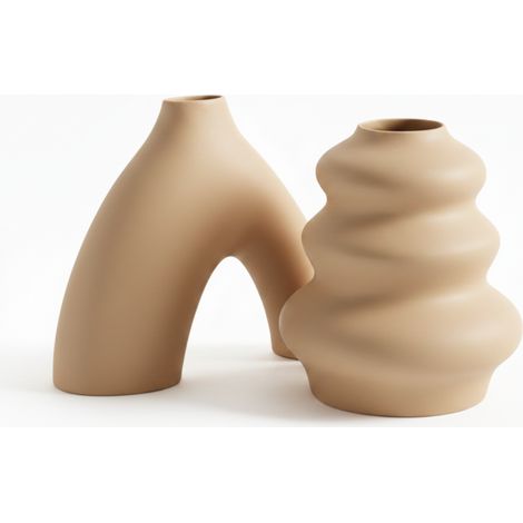 Un ensemble moderne de 2 vases décoratifs beiges au design minimaliste. (1/3)