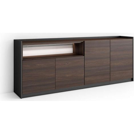 Aparador Alpandeire-01 de 207x80x37 cm con 4 puertas, luces LED, color roble oscuro y negro (1/4)