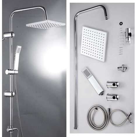 Modern Chrome Riser Rail Mixer Shower Square Head Kit for Bathroom, Stainless Steel Hose, with Fittings