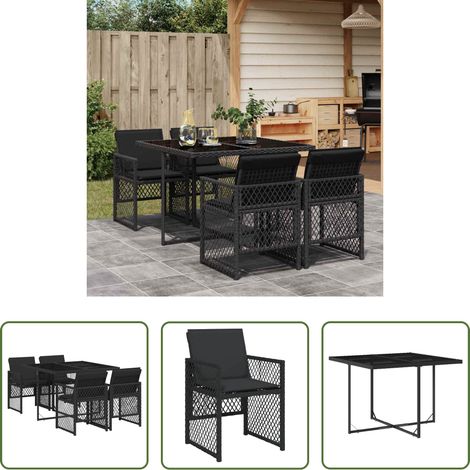 Gartentisch -  5-tlg. Garten-Essgruppe mit Kissen Schwarz Poly Rattan (1/5)